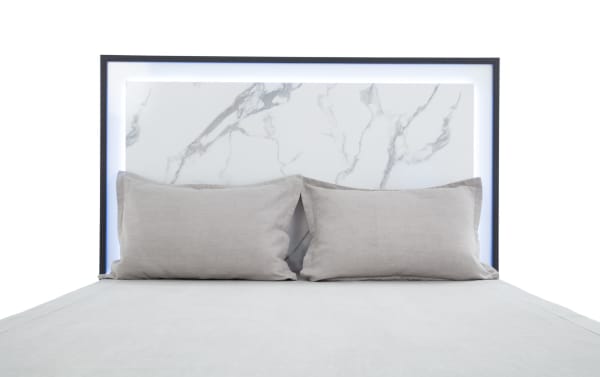 Milan Queen Gray & White Panel Bed from Milan Bedroom collection, featuring contemporary MDF frame, faux marble finish, and LED-lit headboard.