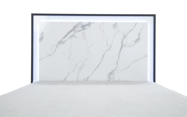 Milan Queen Gray & White Panel Bed with contemporary MDF frame, faux marble finish, and integrated LED lighting from Milan Bedroom collection.