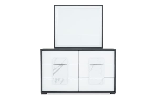 Contemporary Milan Gray & White 6 Drawer Dresser & Mirror from Milan Bedroom collection, MDF with faux marble finish and felt-lined top drawers.