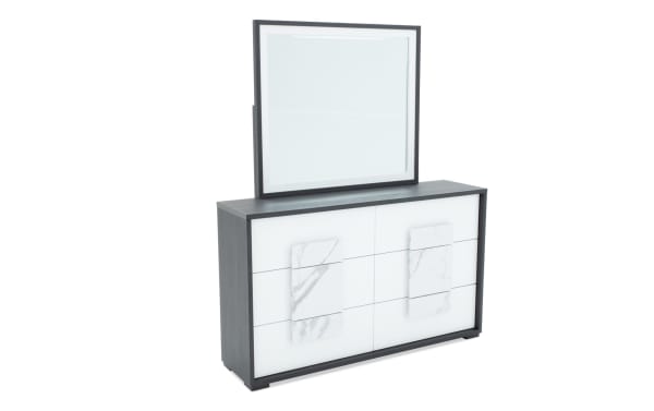 Milan Gray & White 6 Drawer Dresser & Mirror from Milan Bedroom collection, contemporary MDF dresser with faux marble drawer fronts and felt-lined top drawers.