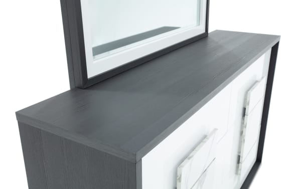 Contemporary Milan Gray & White 6 Drawer Dresser with faux marble drawer fronts, MDF construction, and matching mirror from Milan Bedroom collection.