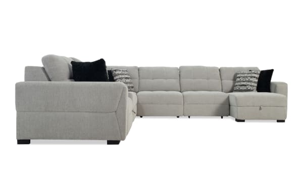 Slider Bob Gray 150'' Power Sliding 7 Piece Chaise Sectional in gray polyester fabric with USB/USB-C ports, six accent pillows, and cup holders.