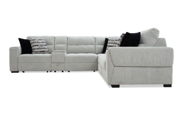 Slider Bob Gray 131'' Power Sliding 6 Piece Sectional in gray polyester fabric with transitional style, memory foam cushions, USB/USB-C ports, cup holders, and storage.