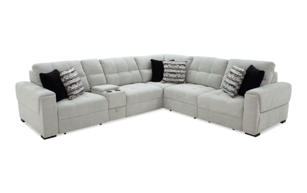 Slider Bob Gray 131'' power sliding 6-piece sectional in gray polyester fabric with USB/USB-C ports, cup holders, storage, and accent pillows.