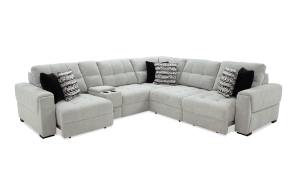 Slider Bob Gray 131'' power sliding 6-piece sectional in gray polyester fabric with transitional style, memory foam cushions, USB/USB-C ports, cup holders, and storage.
