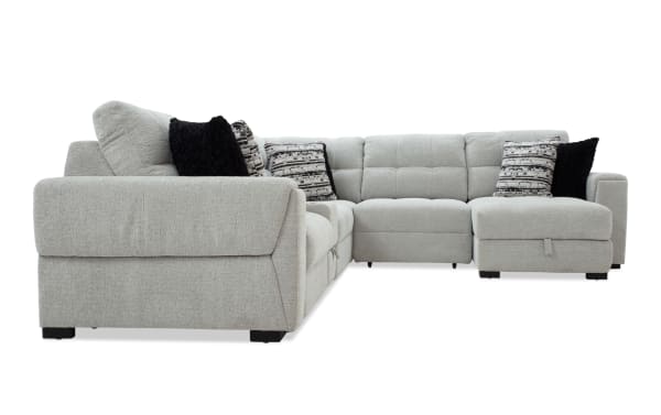 Slider Bob Gray 131'' power sliding 6-piece right arm facing chaise sectional in gray polyester fabric with USB/USB-C ports, accent pillows, and hidden storage.