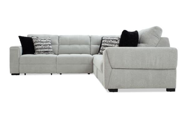 Slider Bob Gray 118'' Power Sliding 5 Piece Sectional in gray polyester fabric with transitional style, plush cushions, USB and USB-C ports, and accent pillows.
