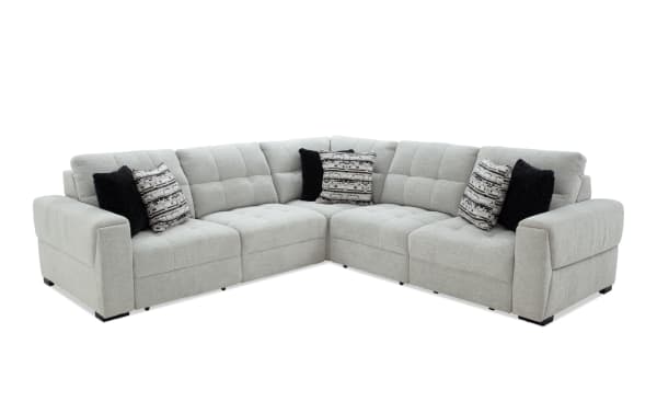 Slider Bob Gray 118'' Power Sliding 5 Piece Sectional in gray polyester fabric with transitional style, USB & USB-C ports, plush accent pillows, and memory foam cushions.