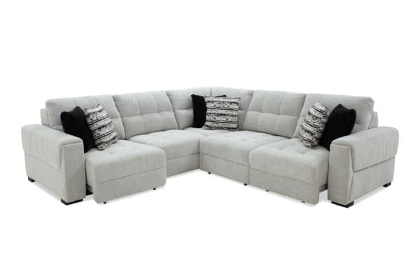 Slider Bob Gray 118'' power sliding 5-piece sectional in gray polyester fabric with USB and USB-C ports, plush pillows, and transitional style.