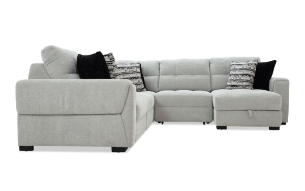 Slider Bob Gray 118'' power sliding 5-piece right arm facing chaise sectional in gray polyester fabric with plush cushions, USB/USB-C ports, and transitional style.