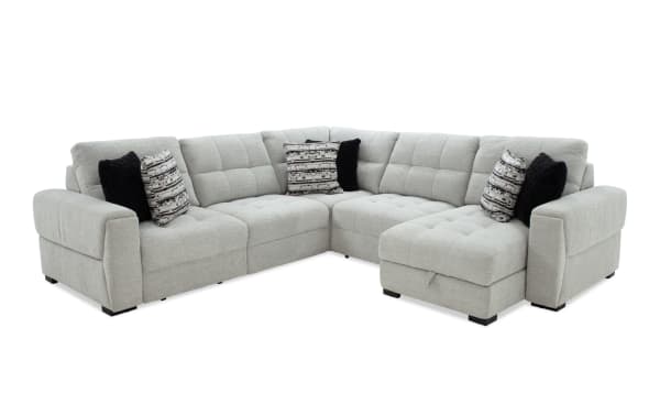 Gray Slider Bob 118'' power sliding 5-piece right arm facing chaise sectional with plush pillows, USB/USB-C ports, and polyester fabric upholstery.