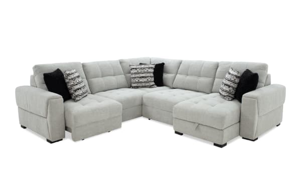 Slider Bob Gray 118'' power sliding 5-piece right arm facing chaise sectional in gray polyester fabric with plush cushions, USB/USB-C ports, and transitional style.