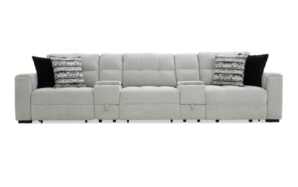 Slider Bob Gray 142'' power sliding 5-piece sectional sofa in gray polyester fabric with USB/USB-C ports, storage, cup holders, and plush pillows.