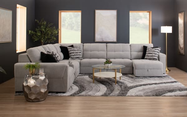 Slider Bob Gray 142'' power sliding 5-piece sectional sofa in gray polyester fabric with USB/USB-C ports, plush cushions, built-in storage, and cup holders.