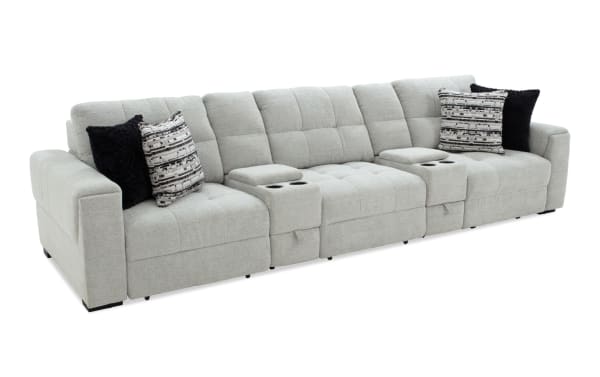 Slider Bob Gray 142'' Power Sliding 5 Piece Sofa in gray polyester fabric with transitional style, USB and USB-C ports, cup holders, storage, and five plush pillows.
