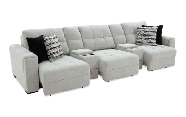 Gray Slider Bob 142'' Power Sliding 5 Piece Sofa with plush polyester fabric, USB/USB-C ports, cup holders, storage, and five pillows in transitional style.
