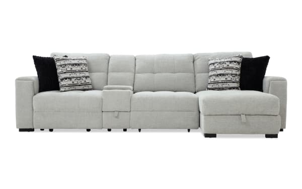 Slider Bob Gray 129'' power sliding 4-piece right arm facing chaise sectional in gray polyester fabric with USB/USB-C ports, memory foam cushions, cup holders, and storage.