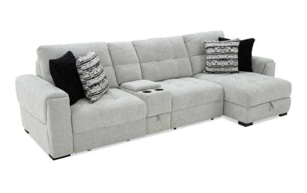 Slider Bob Gray 129'' power sliding 4-piece right arm facing chaise sectional in gray polyester fabric. Features transitional style with plush Bob-O-Pedic® memory foam cushions, built-in USB and USB-C ports, cup holders, storage compartment, and cozy accent pillows for ultimate comfort and convenience.