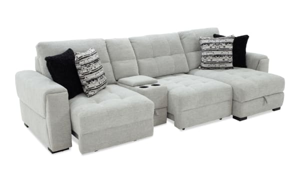 Gray Slider Bob 129'' power sliding 4-piece right arm chaise sectional with transitional style, polyester fabric, USB/USB-C ports, cup holders, storage, and accent pillows.