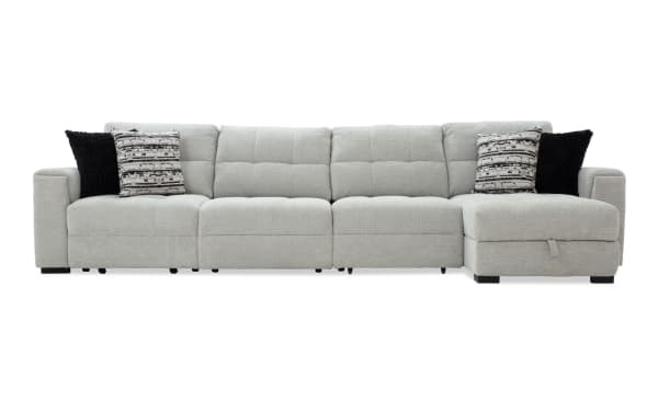 Slider Bob Gray 149'' power sliding 4-piece right arm facing chaise sectional in gray polyester fabric with USB/USB-C ports, cupholders, and accent pillows.