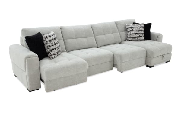 Slider Bob Gray 149'' power sliding 4-piece right arm facing chaise sectional in gray polyester fabric. Transitional style with tufted cushions, USB & USB-C ports, cupholders, storage, and accent pillows.