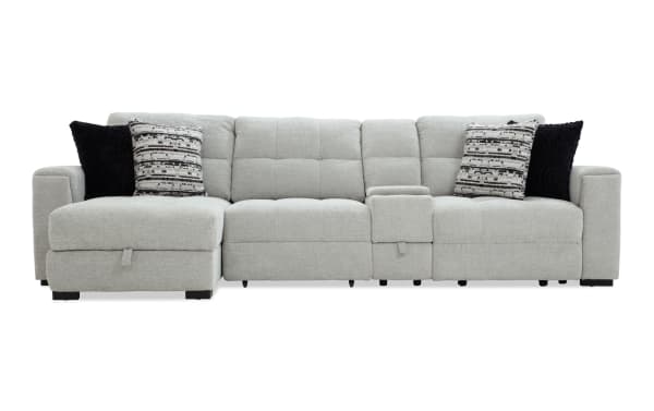 Slider Bob Gray 129'' power sliding 4-piece left arm facing chaise sectional in gray polyester fabric. Transitional style with plush Bob-O-Pedic® memory foam cushions, USB and USB-C ports, built-in storage, cup holders, and cozy accent pillows for ultimate comfort and convenience.