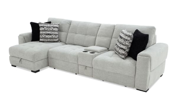 Slider Bob Gray 129'' power sliding 4-piece left arm chaise sectional in gray polyester fabric with USB/USB-C ports, cup holders, storage, and accent pillows.