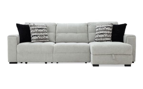 Slider Bob Gray 116'' power sliding 3-piece right arm facing chaise sectional with armless chair, gray polyester fabric, transitional style, USB/USB-C ports, plush cushions, and accent pillows.