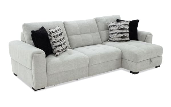 Slider Bob Gray 116'' transitional power sliding 3-piece sectional with right arm chaise, gray polyester fabric, USB/USB-C ports, and plush pillows.