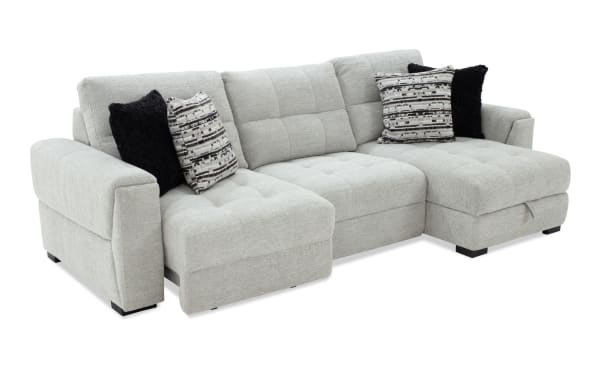 Gray Slider Bob 116'' power sliding 3-piece sectional with right arm chaise, armless chair, plush fabric upholstery, USB/USB-C ports, and accent pillows