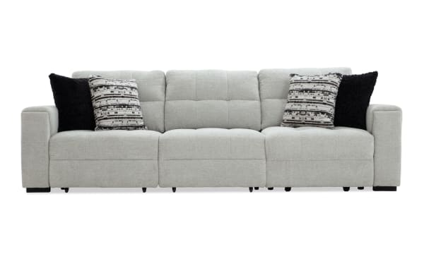 Slider Bob Gray 116'' power sliding sofa in gray polyester fabric with three seats, USB and USB-C ports, cup holders, and accent pillows.