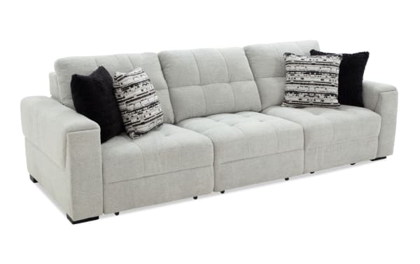 Gray Slider Bob 116'' power sliding sofa in transitional style with plush polyester fabric, memory foam cushions, and patterned accent pillows