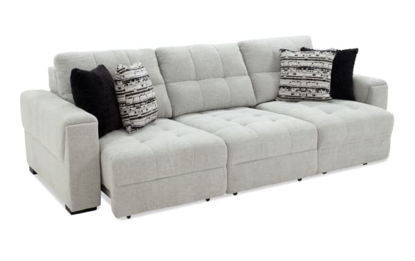 Slider Bob Gray 116'' transitional power sliding sofa in gray polyester fabric with memory foam cushions, USB & USB-C ports, and accent pillows.