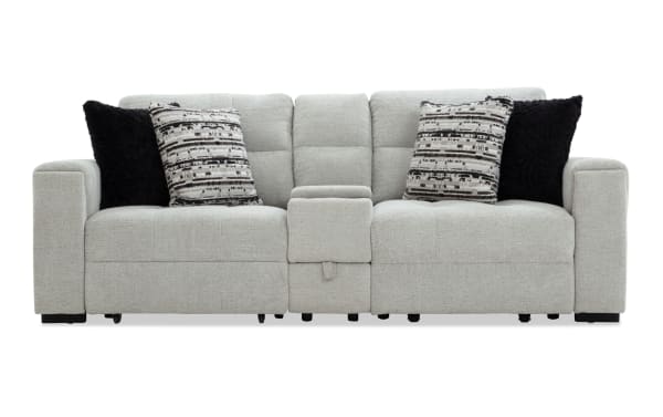 Slider Bob Gray 96'' power sliding console loveseat in gray polyester fabric with USB/USB-C ports, built-in storage, cup holders, and four accent pillows.