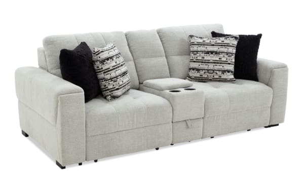 Slider Bob Gray 96'' power sliding console loveseat in gray polyester fabric with USB/USB-C ports, cup holders, storage, and four accent pillows.