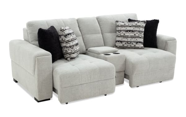 Slider Bob Gray 96'' power sliding console loveseat in gray polyester fabric with USB/USB-C ports, cup holders, storage, memory foam cushions, and four accent pillows.