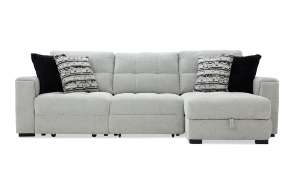 Slider Bob Gray 116'' power sliding 3-piece sectional with right arm chaise, gray polyester fabric, transitional style, USB/USB-C ports, and four pillows.