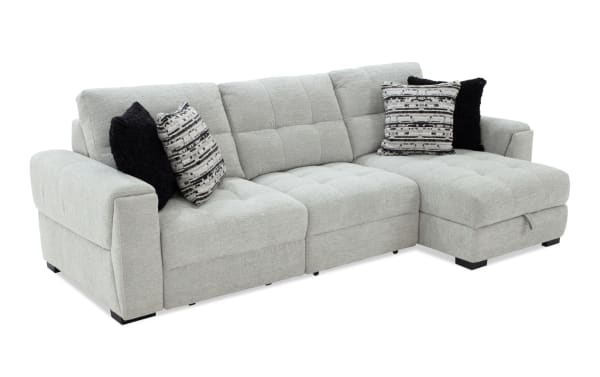 Slider Bob Gray 116'' power sliding 3-piece right arm facing chaise sectional with armless sliding chair, gray polyester fabric, transitional style, USB and USB-C ports, four pillows, and spacious chaise for modern comfort and functionality.