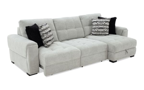 Slider Bob Gray 116'' power sliding 3-piece right arm facing chaise sectional in gray polyester fabric with armless sliding chair, USB and USB-C ports, and four pillows.