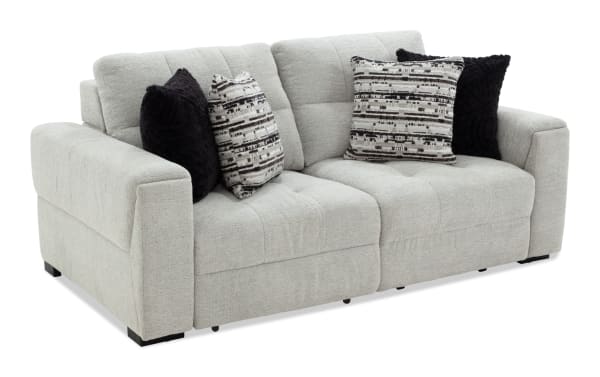 Gray Slider Bob Gray 83'' power sliding loveseat with plush polyester fabric, transitional style, memory foam cushions, and decorative pillows.