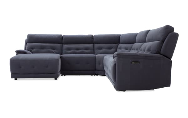 Contemporary Rumor Blue 119" power reclining 5-piece sectional with left arm chaise, blue polyester fabric, power headrests, and memory foam cushions.