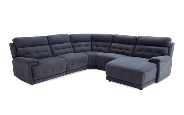 Contemporary Rumor Blue 119'' power reclining 5-piece sectional with left arm chaise, blue polyester fabric, power headrests, and plush cushions.