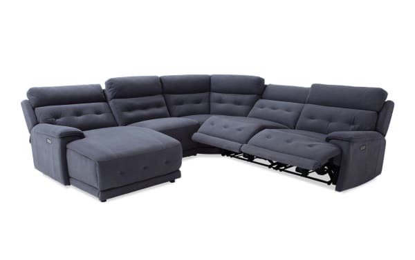 Rumor Blue 119'' power reclining 5-piece sectional with left arm chaise, blue polyester fabric, power headrests, USB ports, and memory foam cushions.