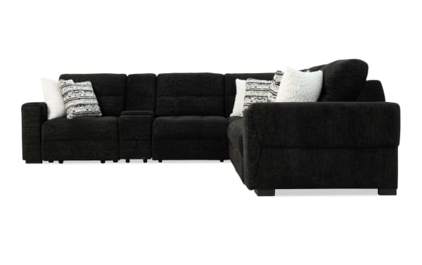 Slider Bob Black 131'' power sliding 6-piece sectional in black polyester fabric with USB/USB-C ports, cup holders, storage, and memory foam cushions.