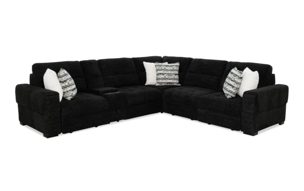 Slider Bob black 131'' power sliding 6-piece sectional in polyester fabric with USB/USB-C ports, cup holders, storage, and memory foam cushions.