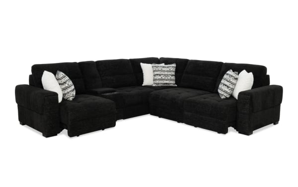 Slider Bob Black 131'' Power Sliding 6 Piece Sectional in black polyester fabric with transitional style, featuring power slide, USB & USB-C ports, cup holders, storage, memory foam cushions, and accent pillows.