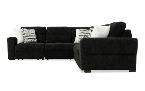 Slider Bob Black 118" power sliding 5-piece sectional in black polyester fabric with plush cushions, USB & USB-C ports, and transitional style.