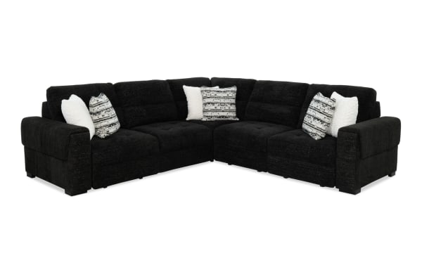 Slider Bob Black 118'' Power Sliding 5 Piece Sectional in black polyester fabric with plush cushions, USB & USB-C ports, and transitional style.