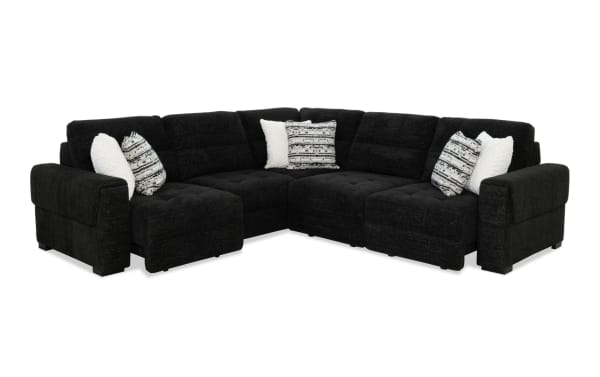 Slider Bob Black 118'' power sliding 5-piece sectional in black polyester fabric with plush cushions, USB & USB-C ports, and accent pillows.