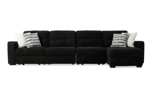 Slider Bob Black 149'' power sliding 4-piece right arm facing chaise sectional in black polyester fabric. Transitional style with memory foam cushions, USB & USB-C ports, cupholders, storage, and accent pillows.